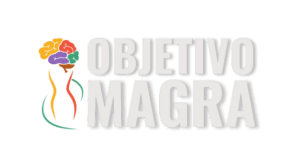 Logo Objetivo Magra - Silhueta feminina com cérebro colorido no topo - Letreito Objetivo Magra