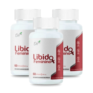 3 frascos do produto libido feminino+ frascos brancos com letreiro e design vermelho sangue