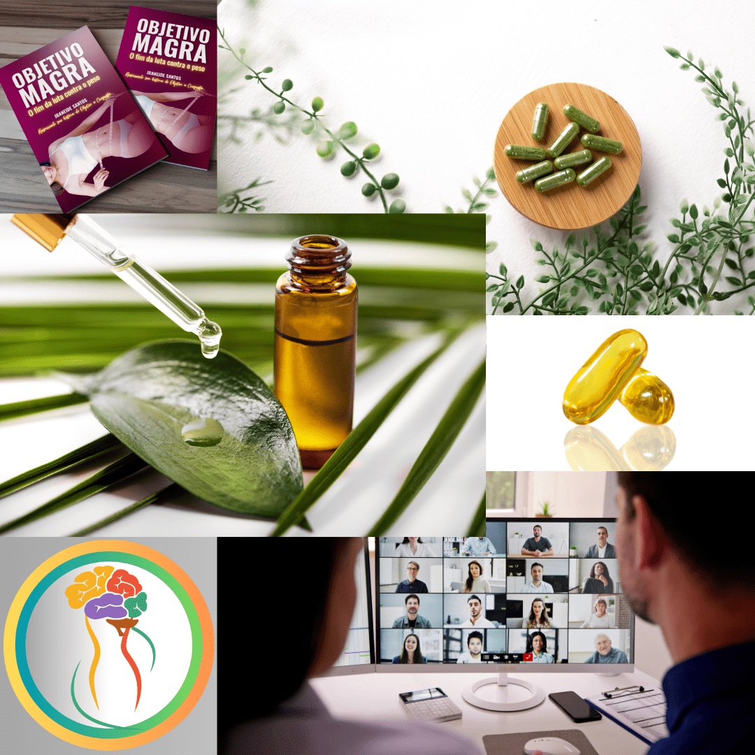 Várias imagens disposta em painel representando o que entregamos na Objetivo magra - Cápsulas gelatinosas, comprimidos, treinamento online, óleos essenciais e o livro no canto esquerdo, no alto.