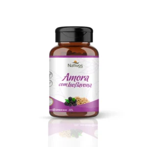 Frasco de suplemento Amora com Isoflavona 500mg - 60 cápsulas com fundo branco, apoio ao equilíbrio hormonal feminino