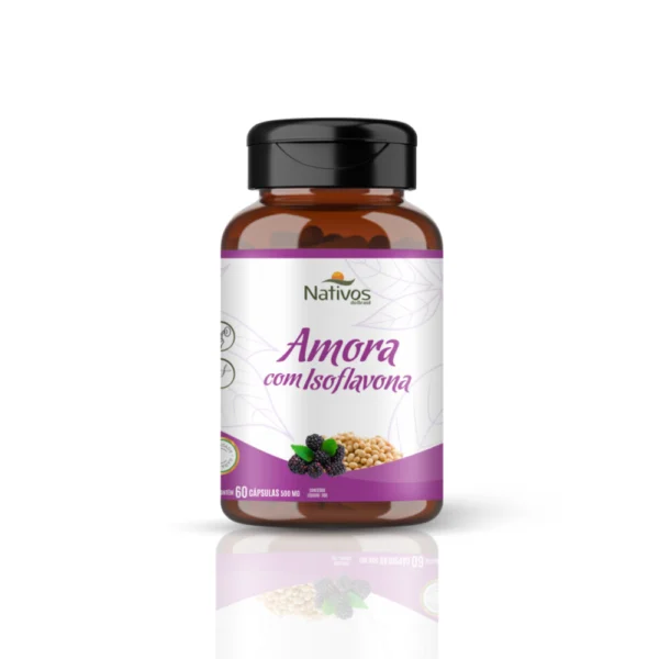Frasco de suplemento Amora com Isoflavona 500mg - 60 cápsulas com fundo branco, apoio ao equilíbrio hormonal feminino
