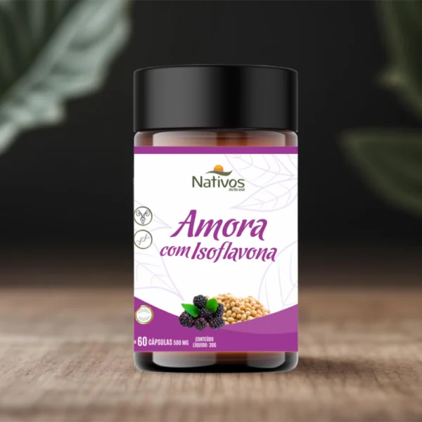 Suplemento Amora com Isoflavona 500mg - 60 cápsulas em ambiente natural sobre superfície de madeira, ideal para harmonia hormonal da mulher