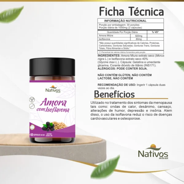 Ficha técnica do suplemento Amora com Isoflavona 500mg acompanhada da imagem do frasco, com informações sobre benefícios para a saúde hormonal feminina