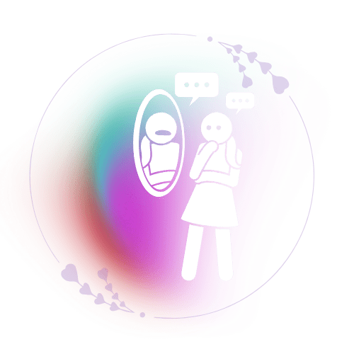 Caricatura de mulher conversando diante do espelho e ouvindo o próprio espelho