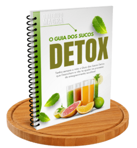 Mockup do Guia dos Sucos DETOX sobre uma tábua redonda