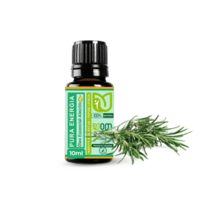 Frasco ambar com óleo essencial de alecrim da Objetivo Magra e um ramo de alecrim ao lado