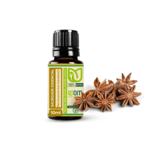 Frasco ambar com óleo essencial anis estrelado da Objetivo magra e várias flores seca de anis ao redor
