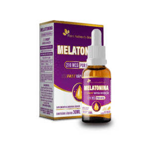 Frasco de Melatonina em gotas ao lado da caixa