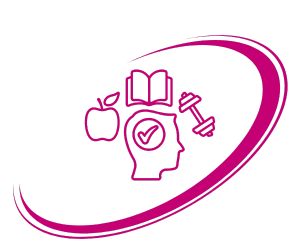 elemento gráfico cérebro com maça, livro e alter representando estratégias do livro objetivo magra.