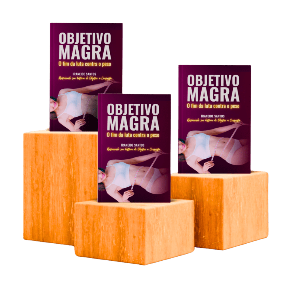 Blocos de madeira com 3 exemplares do livro Objetivo Magra expostos sobre eles.