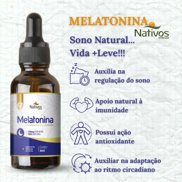 Frasco de Melatonina Gotas com benefícios destacados: sono natural, apoio à imunidade e ação antioxidante. Produto da Loja Objetivo Magra.