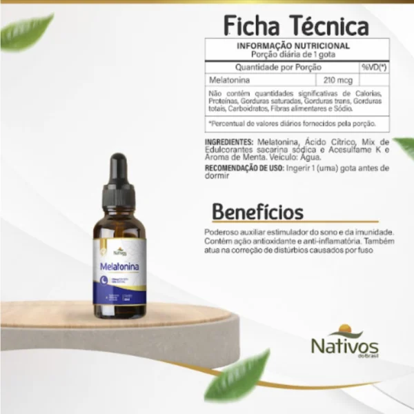Ficha técnica da Melatonina Gotas Nativos do Brasil, com imagem do frasco. Informações nutricionais e uso, disponível na Loja Objetivo Magra.