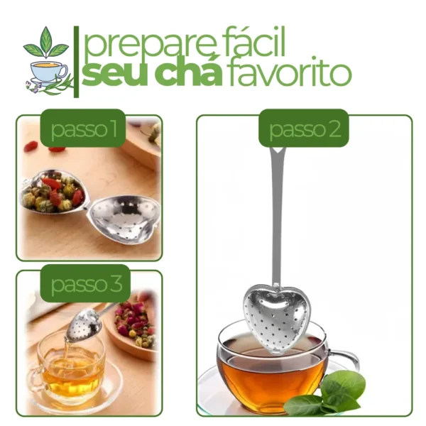 Passo a passo do uso da colher infusora: adicionar ingredientes, fechar e colocar na xícara com água quente. Frase no topo: "Prepare fácil seu chá favorito.