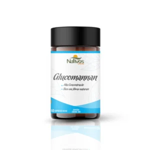 Frasco do suplemento Glucomannan Objetivo Magra com 60 cápsulas de 500mg, posicionado para destacar sua proposta de saciedade natural e emagrecimento saudável.