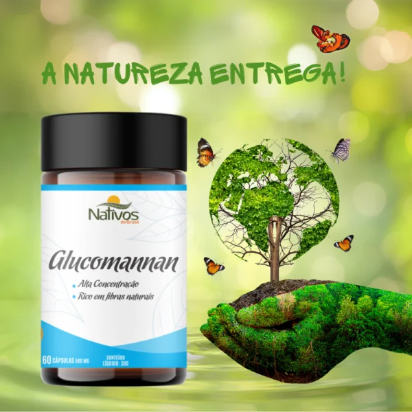 Duas mãos formadas por folhas segurando terra com uma árvore e o planeta no caule, ao lado de um frasco de Glucomannan Objetivo Magra, simbolizando a conexão entre saúde natural, saciedade e sustentabilidade.