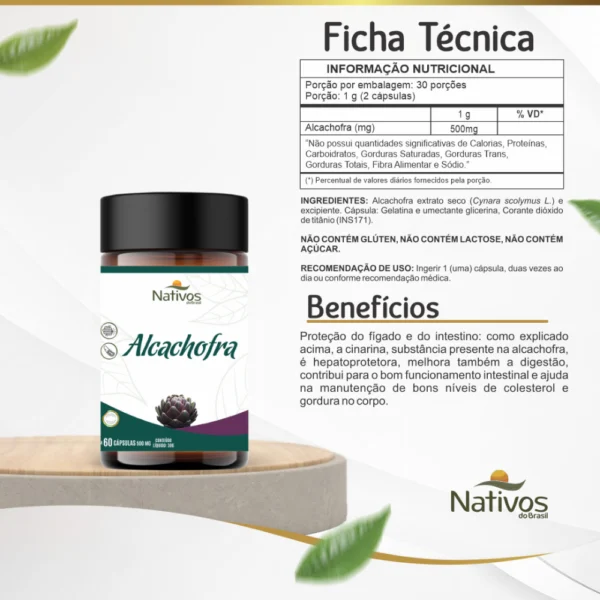 Informações técnicas da Alcachofra 500mg e frasco do suplemento natural digestivo