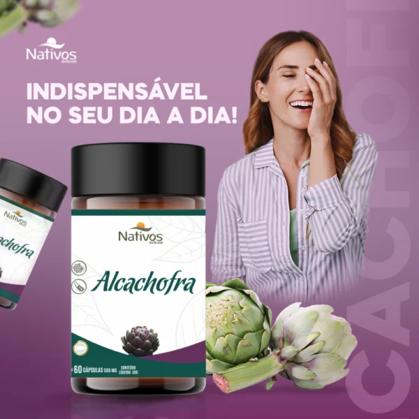 Mulher sorrindo ao lado do suplemento Alcachofra 500mg com a frase “Indispensável em sua vida