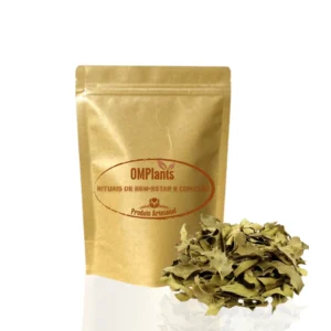 Embalagem artesanal tipo pouch com folhas de Espinheira Santa ao lado, sobre fundo branco. Ideal para chá de infusão.