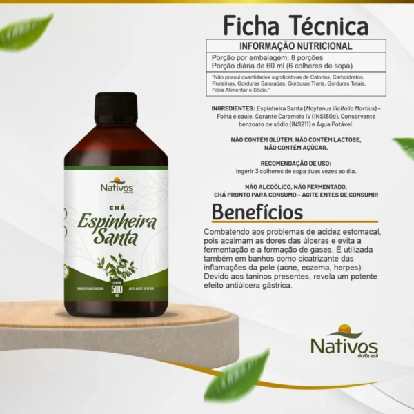 Ficha técnica da Espinheira Santa líquida ao lado do frasco, com informações sobre composição, uso e benefícios digestivos.