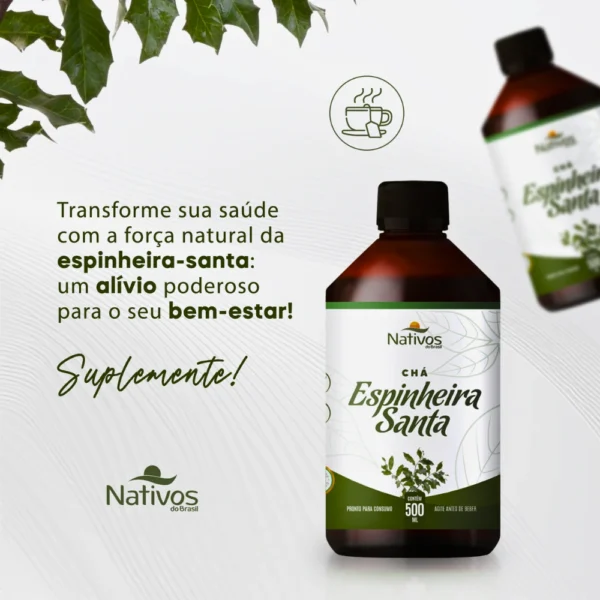 Frasco de Espinheira Santa líquida com frase motivacional sobre transformação da saúde e destaque para a palavra “Suplemente!”.