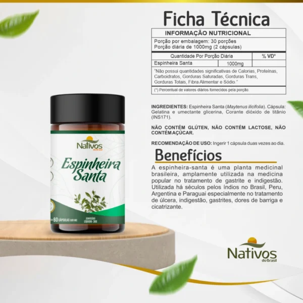 Frasco de Espinheira Santa 500mg DigestDetox Natural ao lado da ficha técnica do produto, destacando composição e informações.