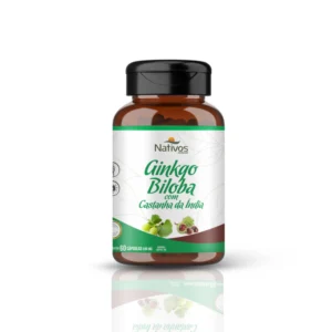 Frasco de Ginkgo Biloba com Castanha da Índia 500mg com 60 cápsulas, fundo branco