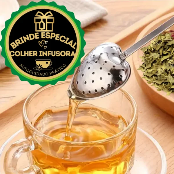 Foto do brinde - Colher infusora na compra do kit espinheira santa Objetivo Magra - folhas in natura, cápsulas e chá pronto.