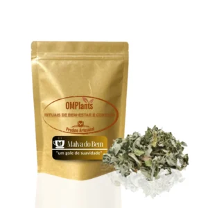 Saco pouch zipado com Cha de Malva Santa (Malva do Bem) com folhas naturais desidratadas ao lado produto da loja Objetivo Magra.
