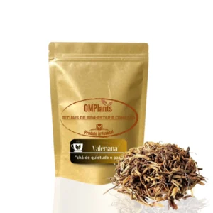 Saco pouch zipado com Valeriana em folhas ao lado, mostrando o chá natural Valeriana em Folhas – Chá Serenidade Natural da Objetivo Magra.