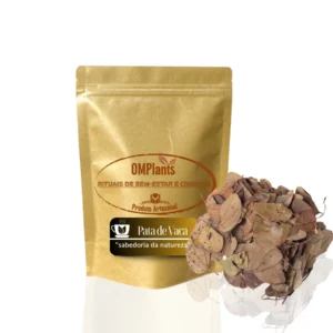 Saco pouch zipado com Cha de Pata de Vaca folhas naturais ao lado produto da loja Objetivo Magra.